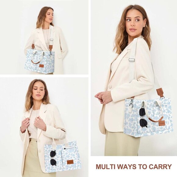 Stylish Blue Floral Tote Bag with Leather Handles - Durable Canvas Everyday Use - Picture 2 of 6